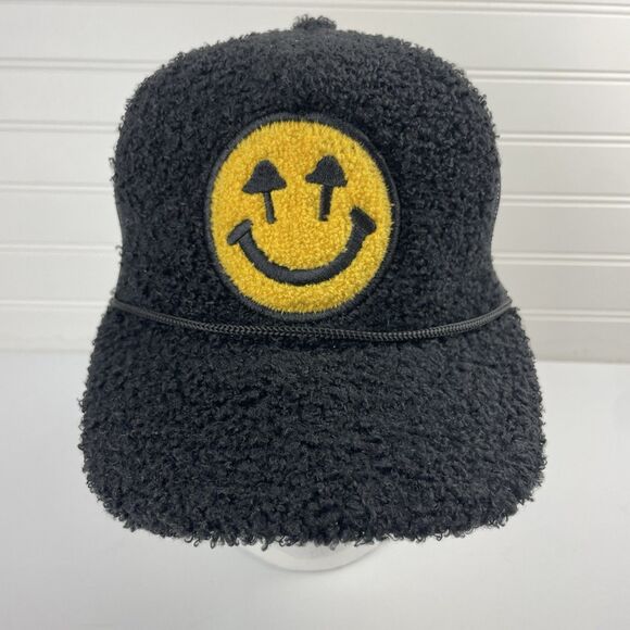Happy To Be Here Smiley Double Blind Black Sherpa Trucker Snapback Mesh Hat Cap - Picture 1 of 9